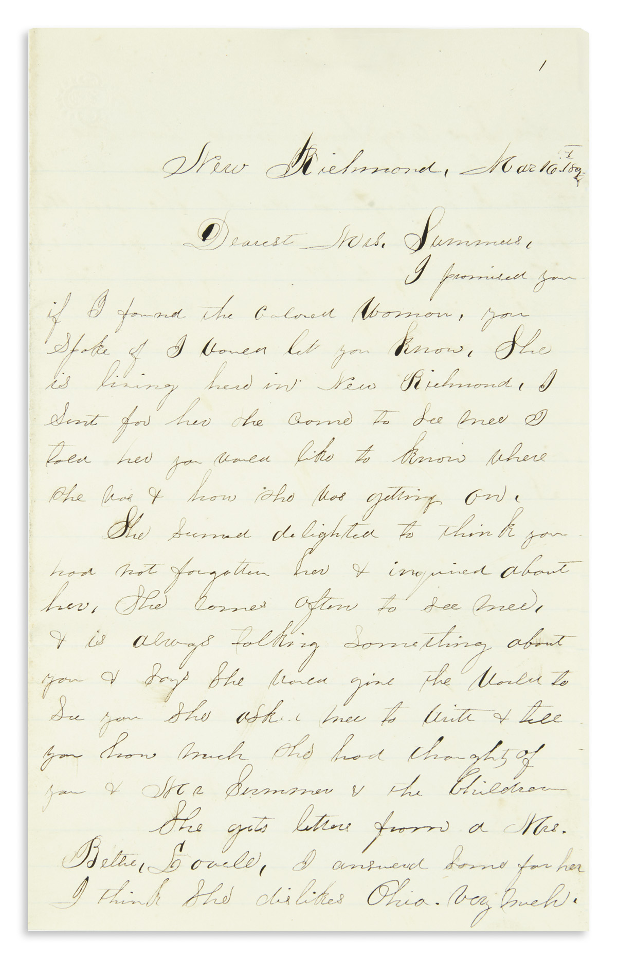 (SLAVERY AND ABOLITION.) Laidley[?], May. Letter describing a woman who allegedly says she does wish she was a slave again.